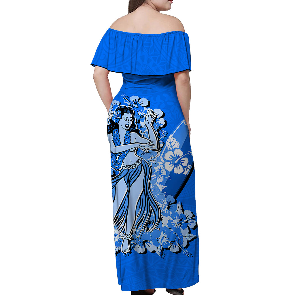 Hawaii Hula Girl Off Shoulder Long Dress Polynesian Blue Style LT6 - Polynesian Pride