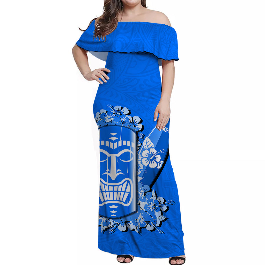 Hawaii Tiki Off Shoulder Long Dress Polynesian Blue Style LT6 Long Dress Blue - Polynesian Pride