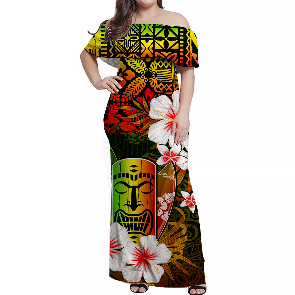 Hawaii Tiki Off Shoulder Long Dress Style No.2 LT6 Long Dress Art - Polynesian Pride