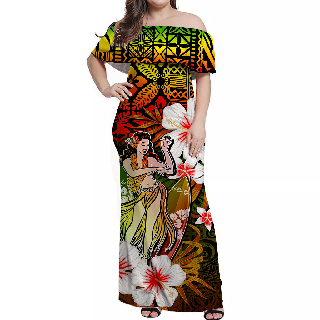 Hawaii Hula Girl Off Shoulder Long Dress Style No.2 LT6 Long Dress Art - Polynesian Pride