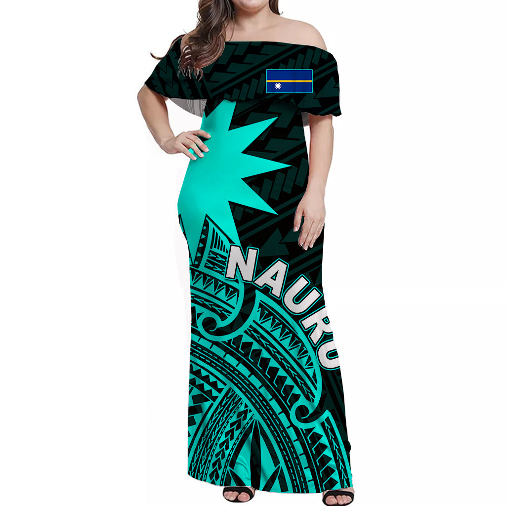 Nauru Off Shoulder Long Dress Flag In Heart No.4 LT6 Long Dress Green - Polynesian Pride