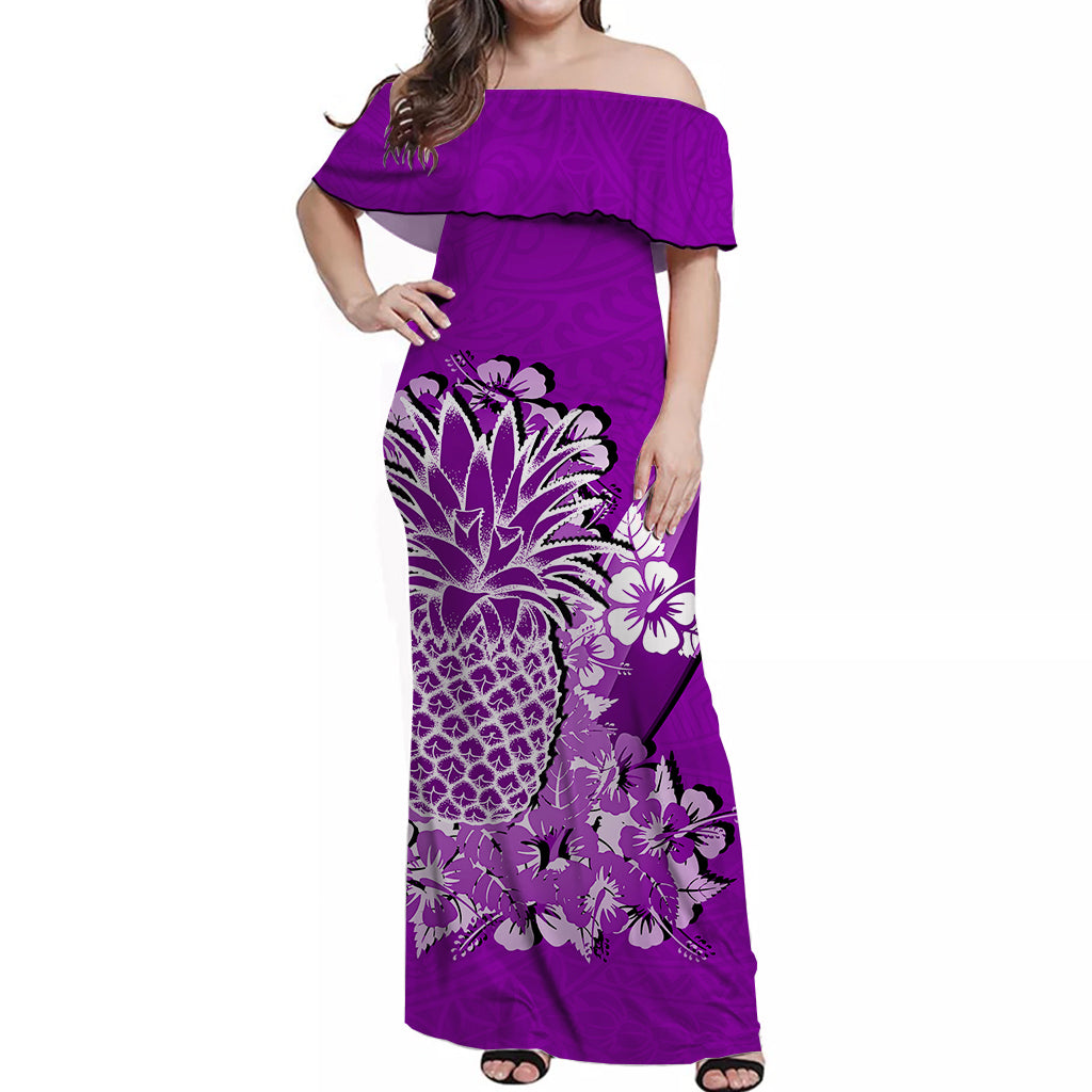 Hawaii Pineapple Off Shoulder Long Dress Polynesian Purple Style LT6 Long Dress Purple - Polynesian Pride