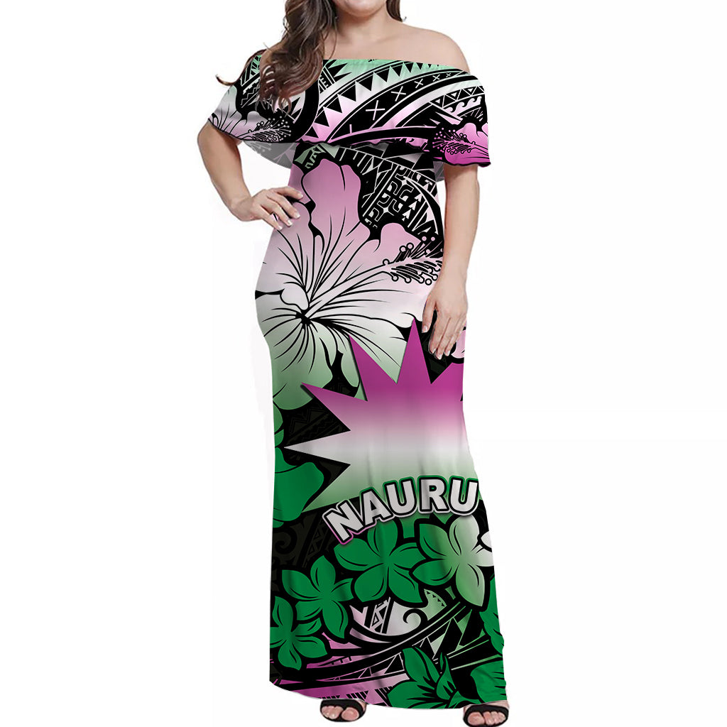 Nauru Off Shoulder Long Dress Hibiscus Mix Polynesian No.3 LT6 Long Dress Black - Polynesian Pride