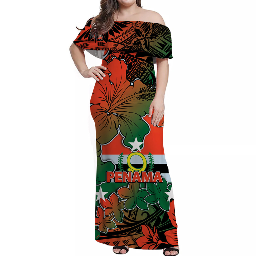 Vanuatu Penama Off Shoulder Long Dress Hibiscus Mix Polynesian LT6 Long Dress Black - Polynesian Pride