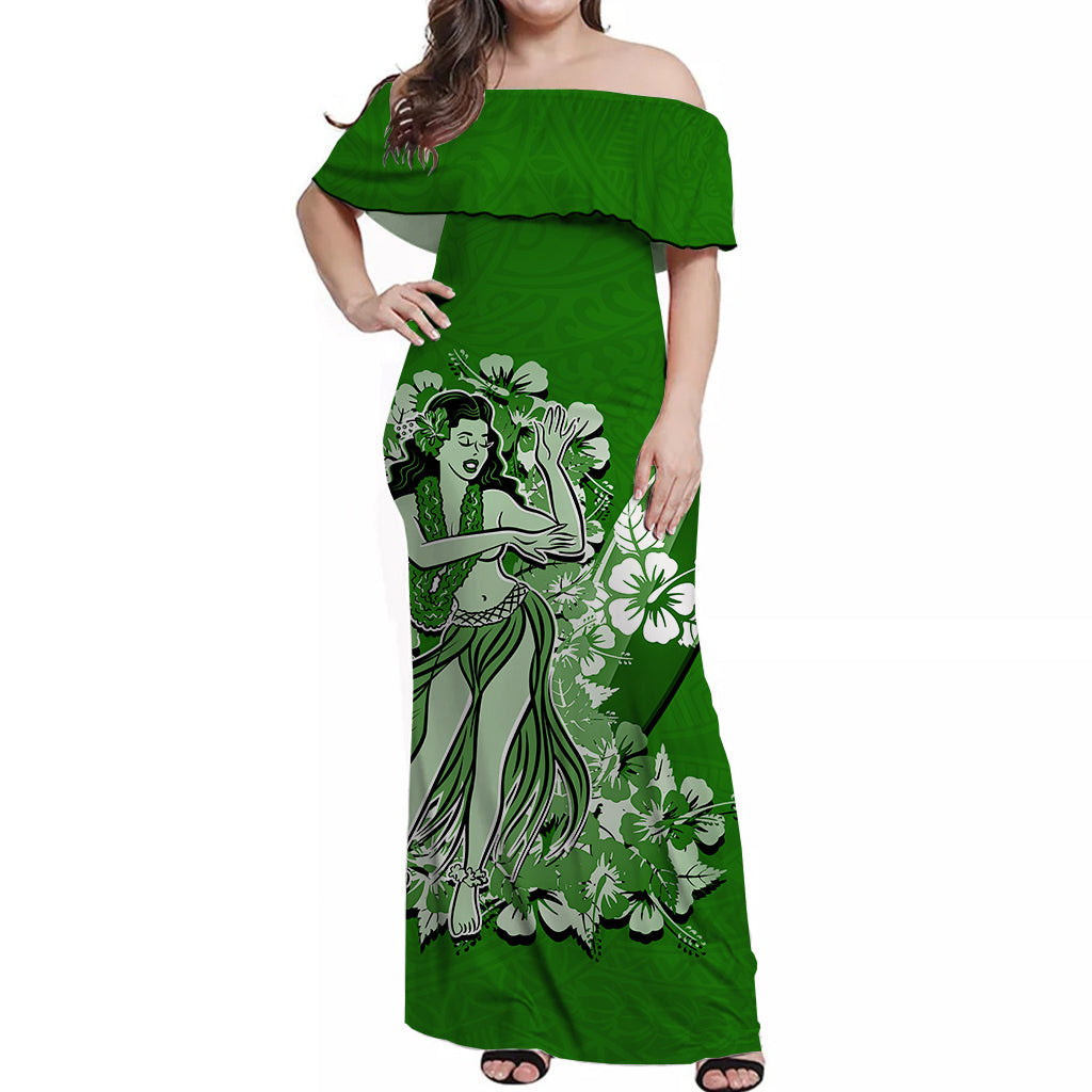 Hawaii Hula Girl Off Shoulder Long Dress Polynesian Green Style LT6 Long Dress Green - Polynesian Pride