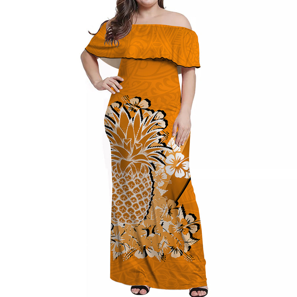 Hawaii Pineapple Off Shoulder Long Dress Polynesian Orange Style LT6 Long Dress Orange - Polynesian Pride