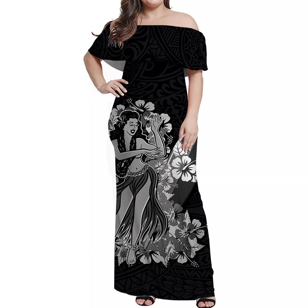 Hawaii Hula Girl Off Shoulder Long Dress Polynesian Black Style LT6 Long Dress Black - Polynesian Pride