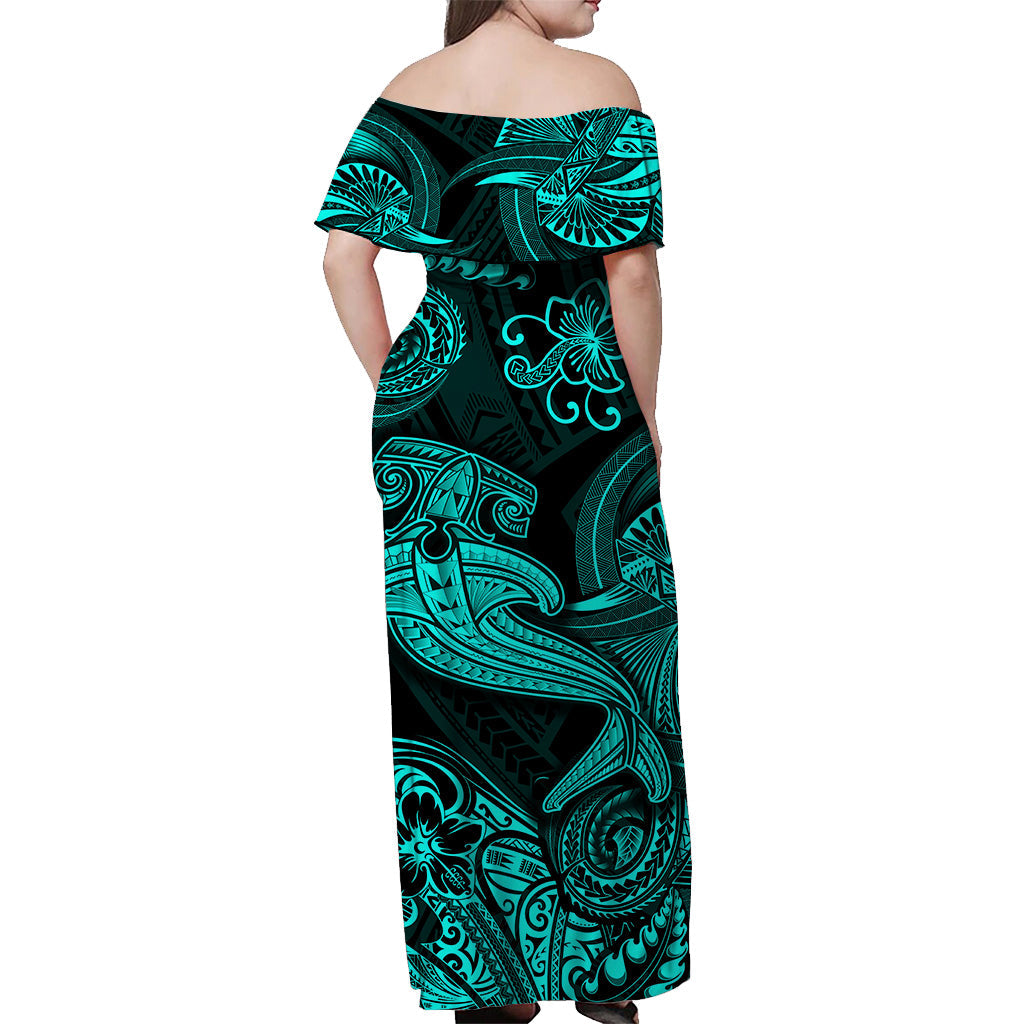 Hawaii Hammer Shark Polynesian Off Shoulder Long Dress Unique Style - Turquoise LT8 - Polynesian Pride
