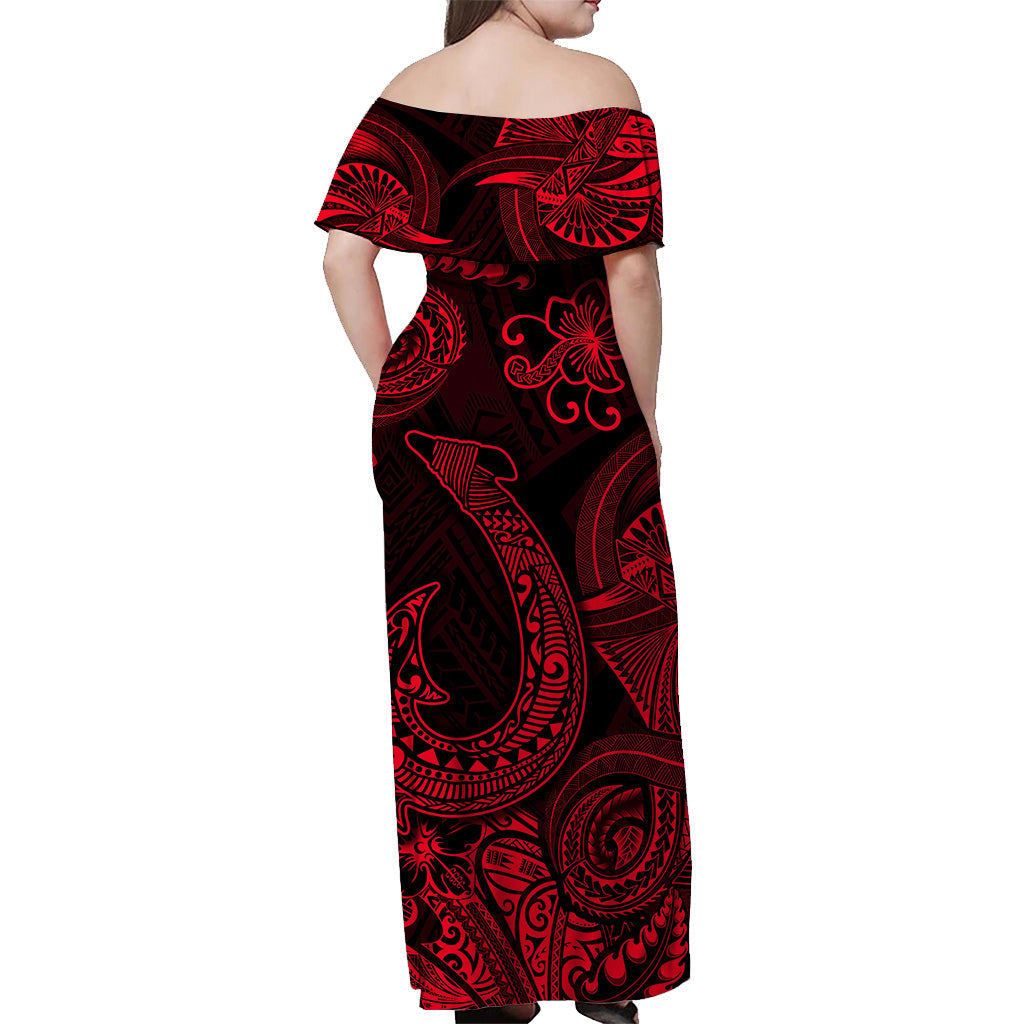 Hawaii Fish Hook Polynesian Off Shoulder Long Dress Unique Style - Red LT8 - Polynesian Pride