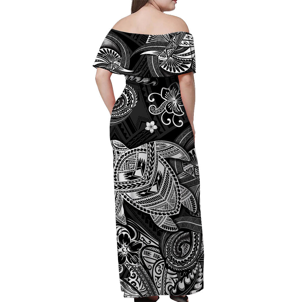 Hawaii Turtle Polynesian Off Shoulder Long Dress Plumeria Flower Unique Style - Black LT8 - Polynesian Pride