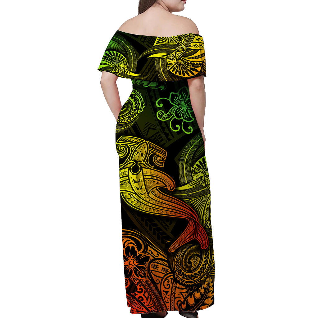 Hawaii Hammer Shark Polynesian Off Shoulder Long Dress Unique Style - Reggae LT8 - Polynesian Pride