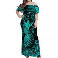 Hawaii Pineapple Polynesian Off Shoulder Long Dress Unique Style - Turquoise LT8 Women Turquoise - Polynesian Pride