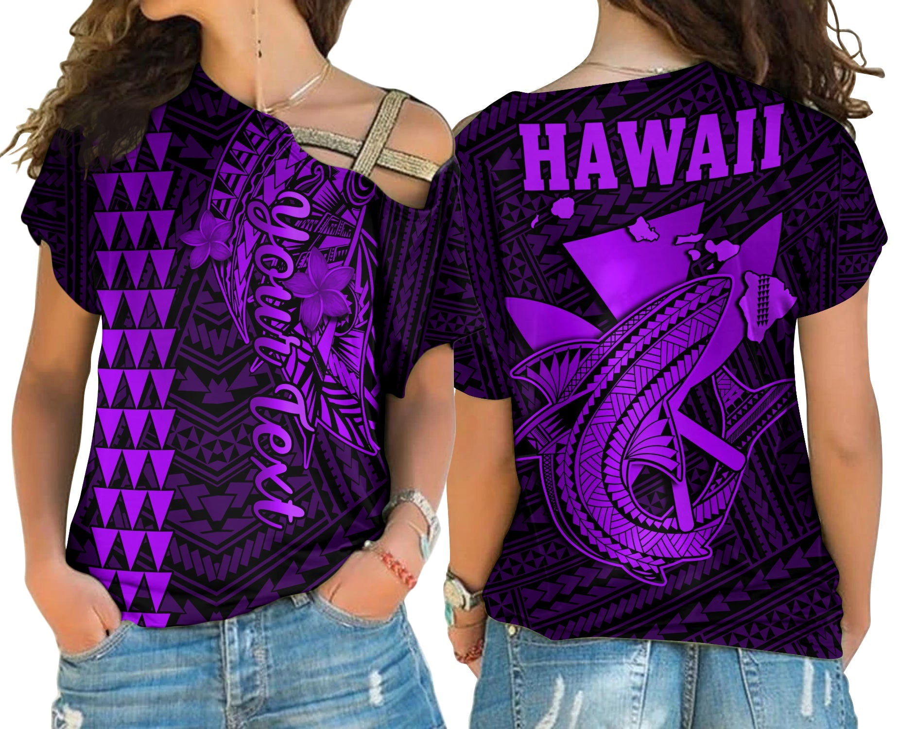 (Custom Personalised) Hawaii Cross Shoulder Shirt Kakau Kanaka Maoli Combine Polynesian Shark Ver.05 LT14 Female Purple - Polynesian Pride