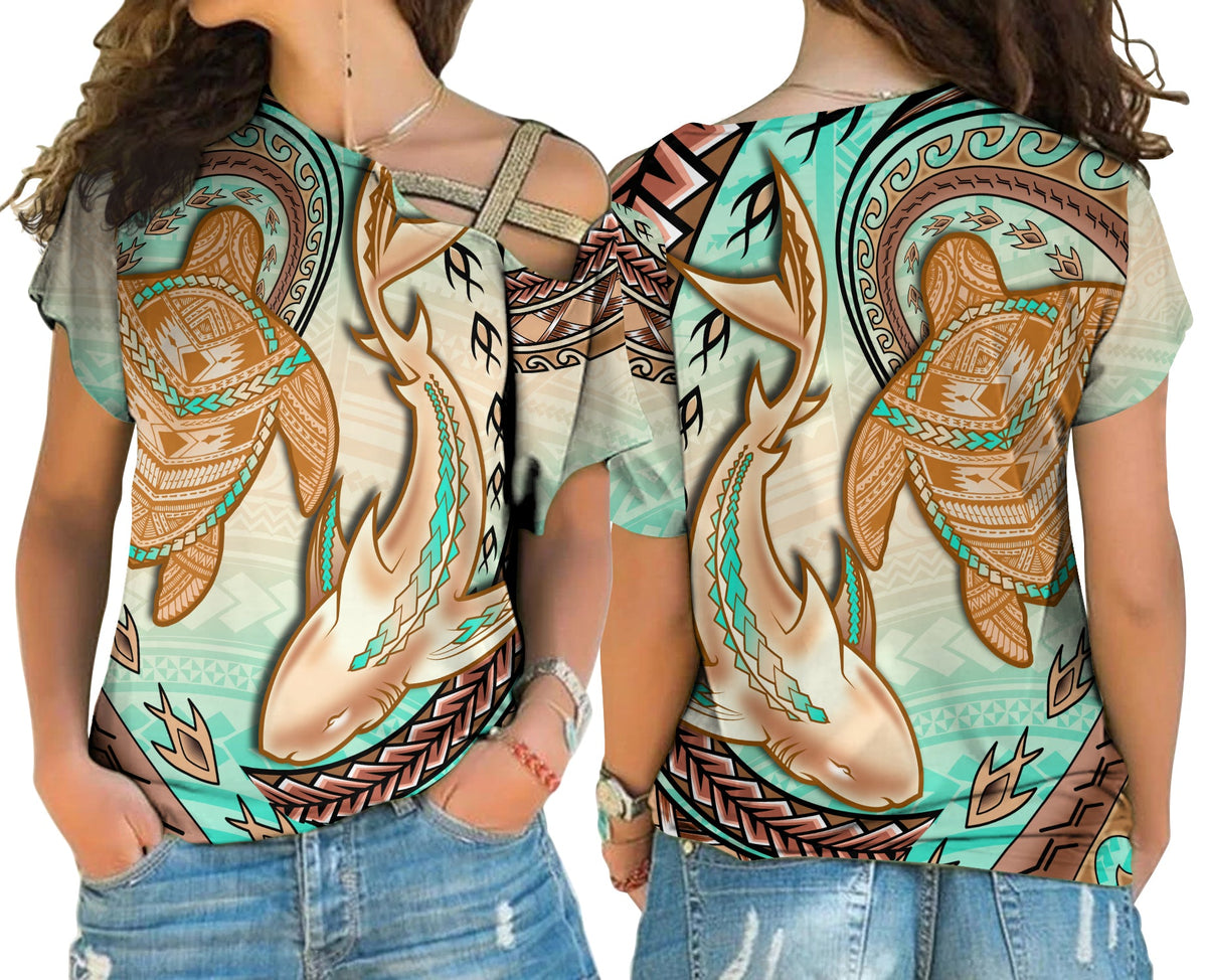 Hawaii Cross Shoulder Shirt Polynesian Shark And Sea Turtle Dreamy Turquoise Artsy LT14 Female Turquoise - Polynesian Pride