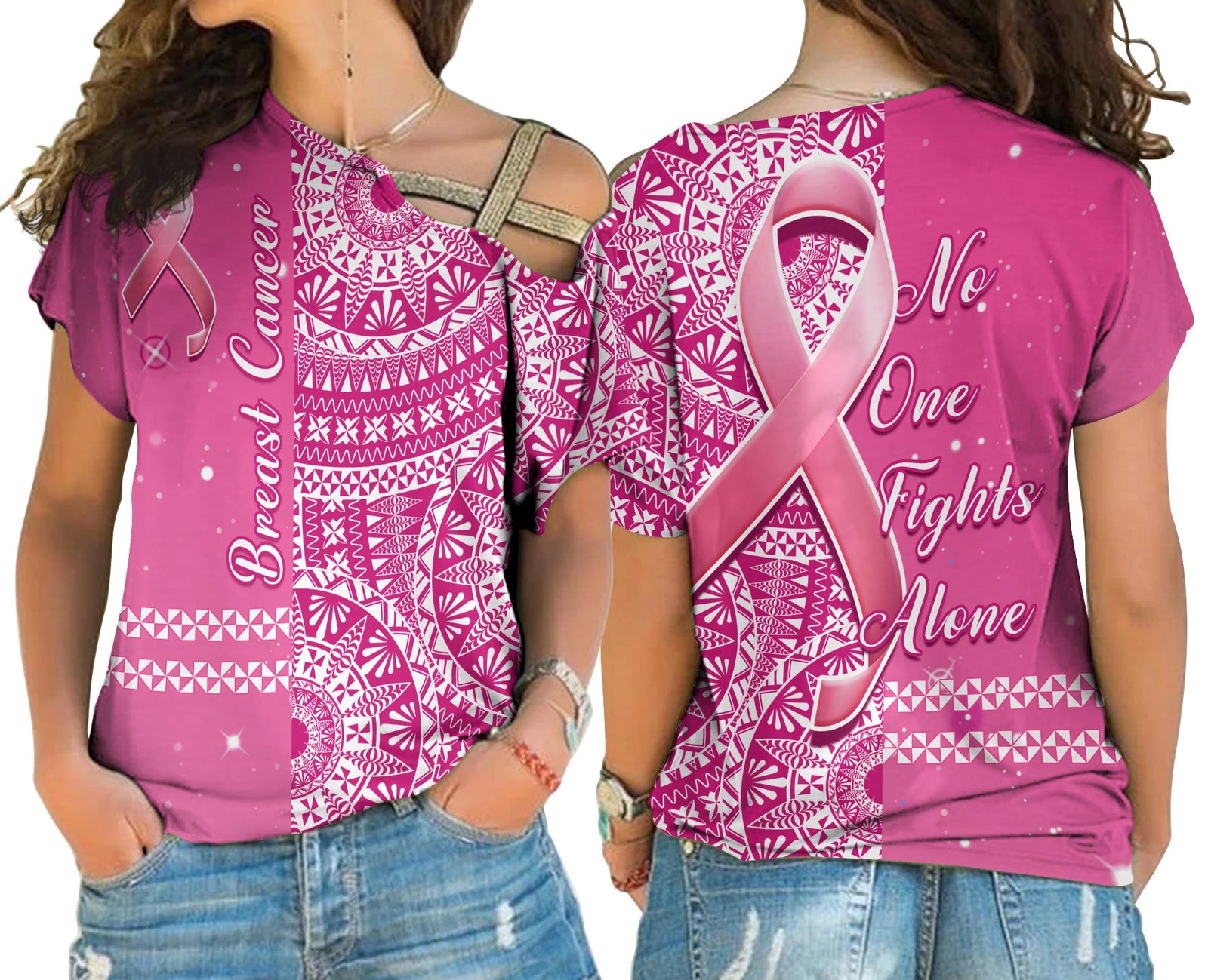 Tonga Breast Cancer Cross Shoulder Shirt Tongan Ngatu Pattern No One Fights Alone LT14 Female Pink - Polynesian Pride