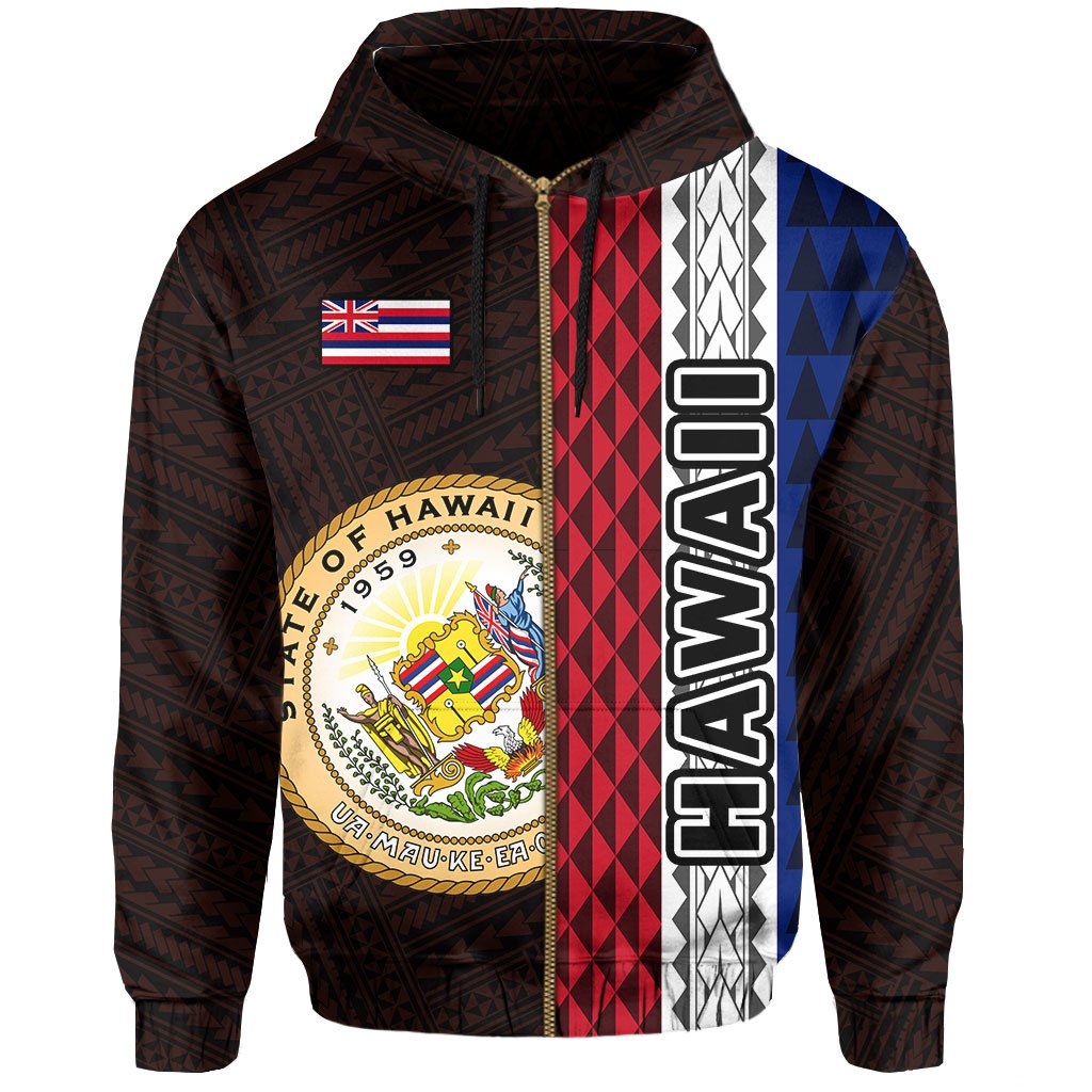 Polynesian Kakau Hawaii Flag Seal of Hawaii Zip Hoodie Orange - Polynesian Pride