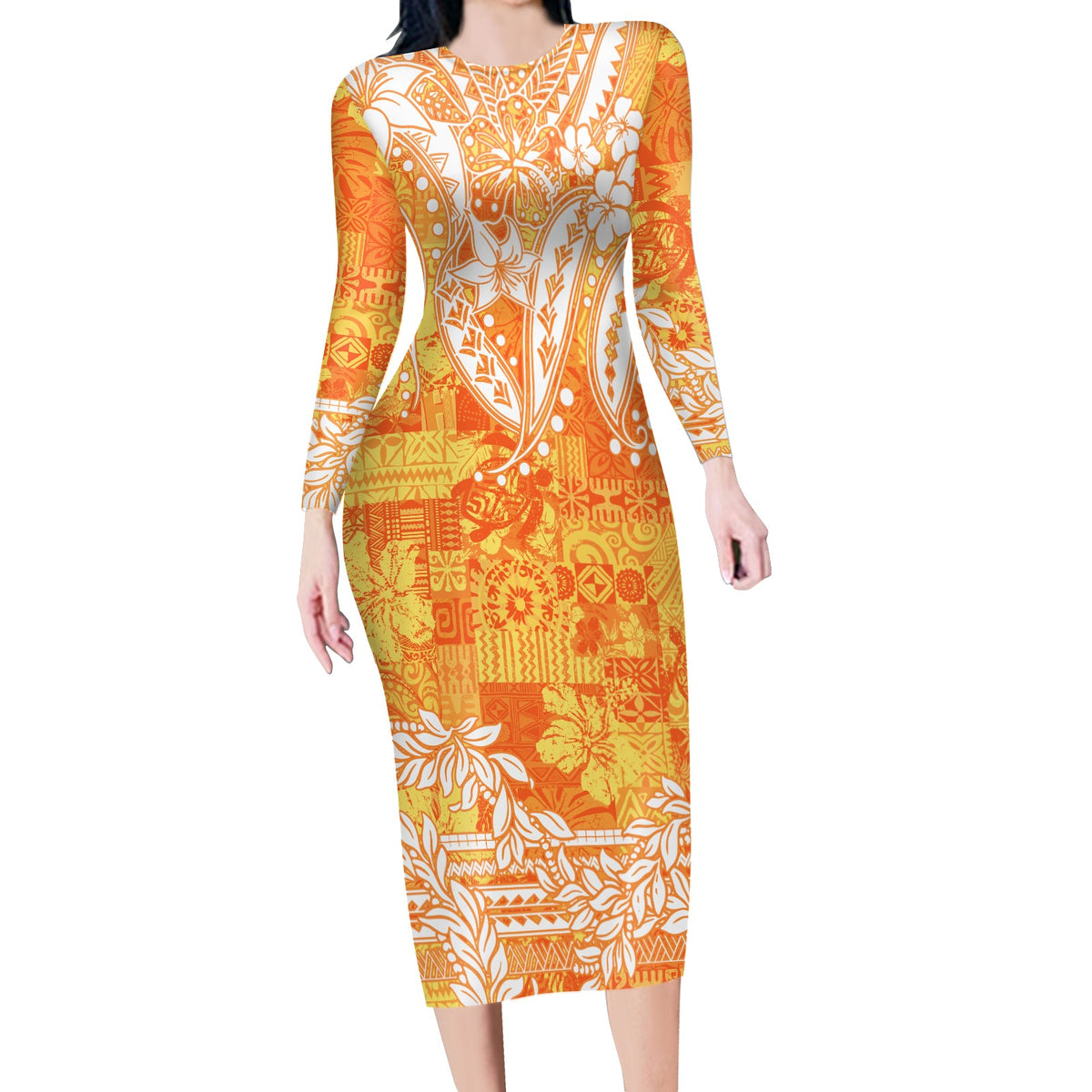 Polynesian Long Sleeves Bodycon Dress Tapa Plumeria Style - Orange LT7 Polyester spandex Orange - Polynesian Pride