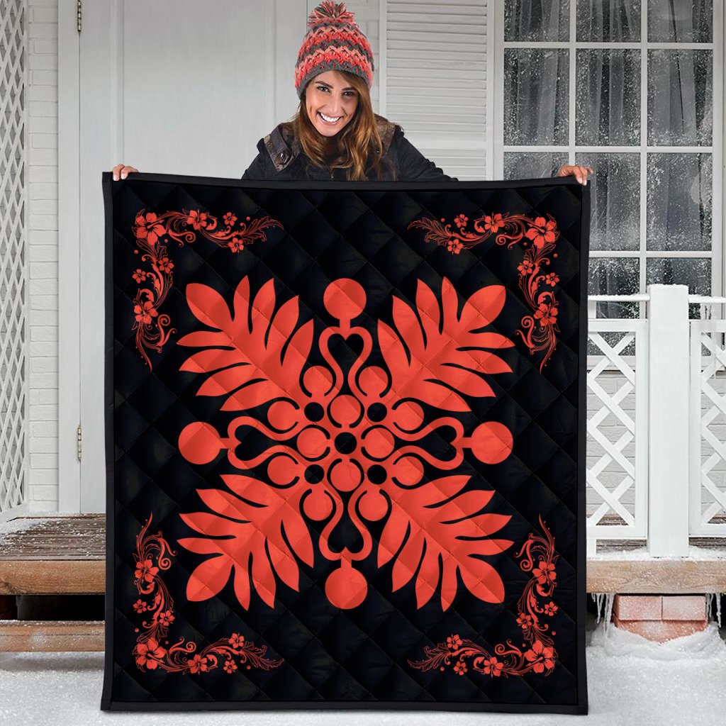 Hawaiian Quilt Maui Plant And Hibiscus Premium Quilt - Orange Black - AH - Polynesian Pride