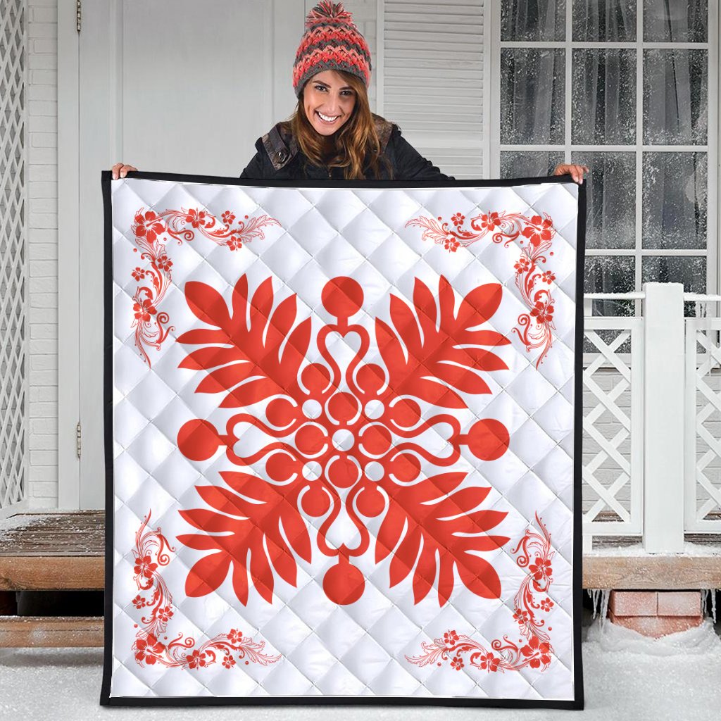 Hawaiian Quilt Maui Plant And Hibiscus Premium Quilt - Orange White - AH - Polynesian Pride