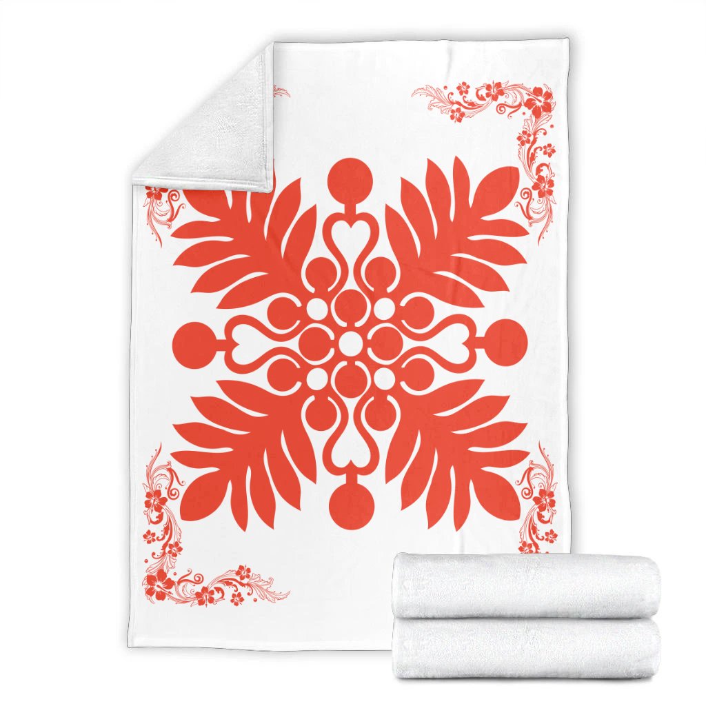 Hawaiian Quilt Maui Plant And Hibiscus Premium Blanket - Orange White - AH - Polynesian Pride