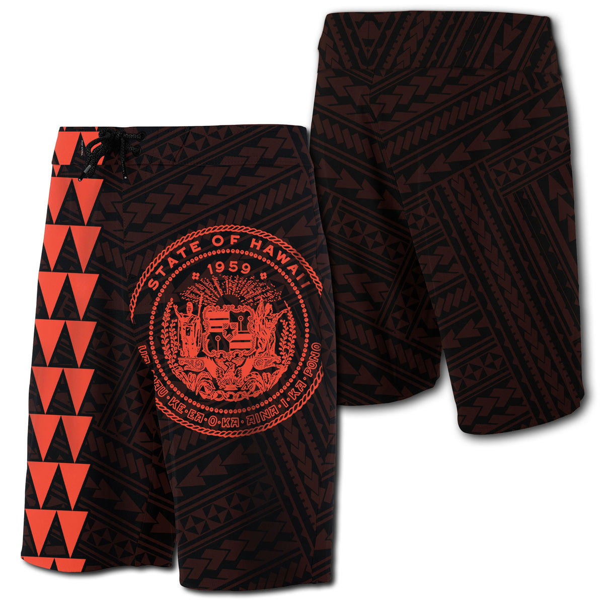 Hawaii Kakau Polynesian Coat Of Arms Board Shorts - Orange Men Orange - Polynesian Pride