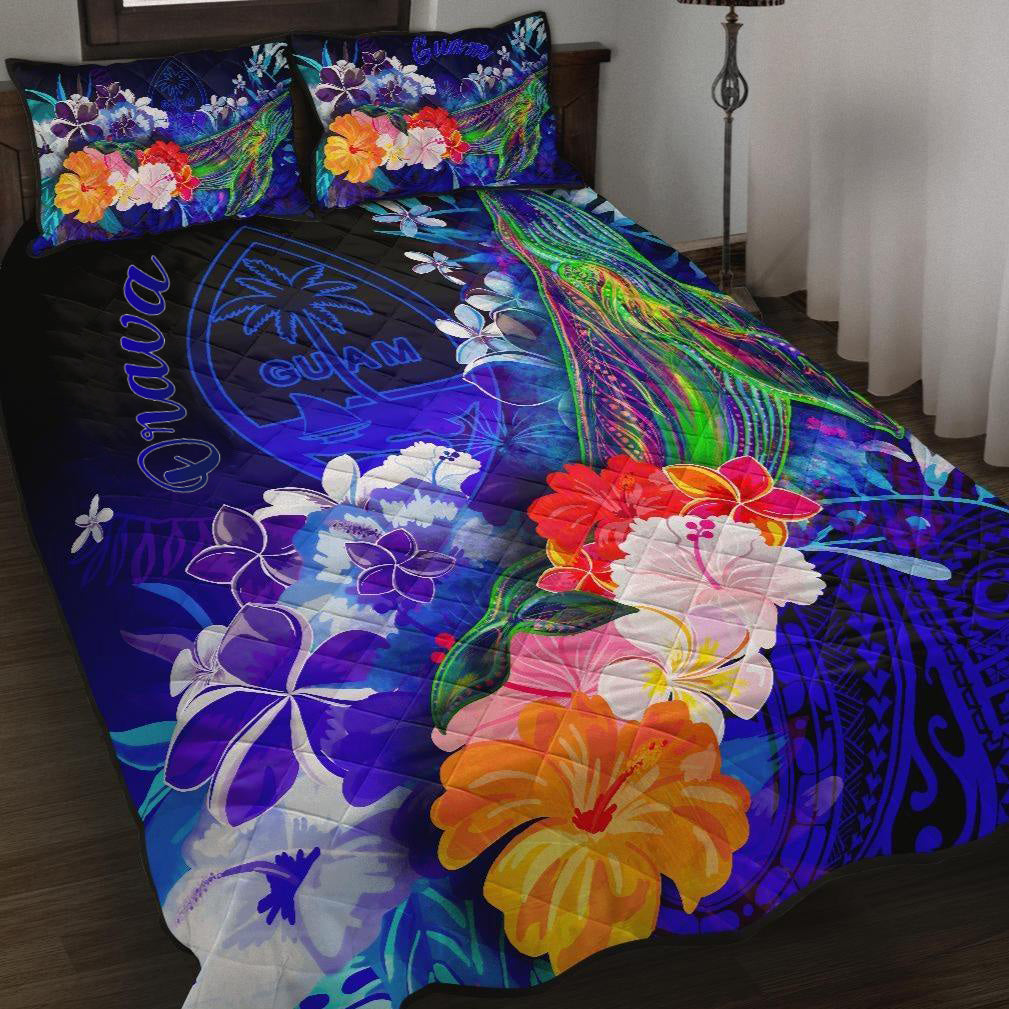 Orava Quilt Bed Set - Humpback Whale with Tropical Flowers (Blue) LT8 - Polynesian Pride