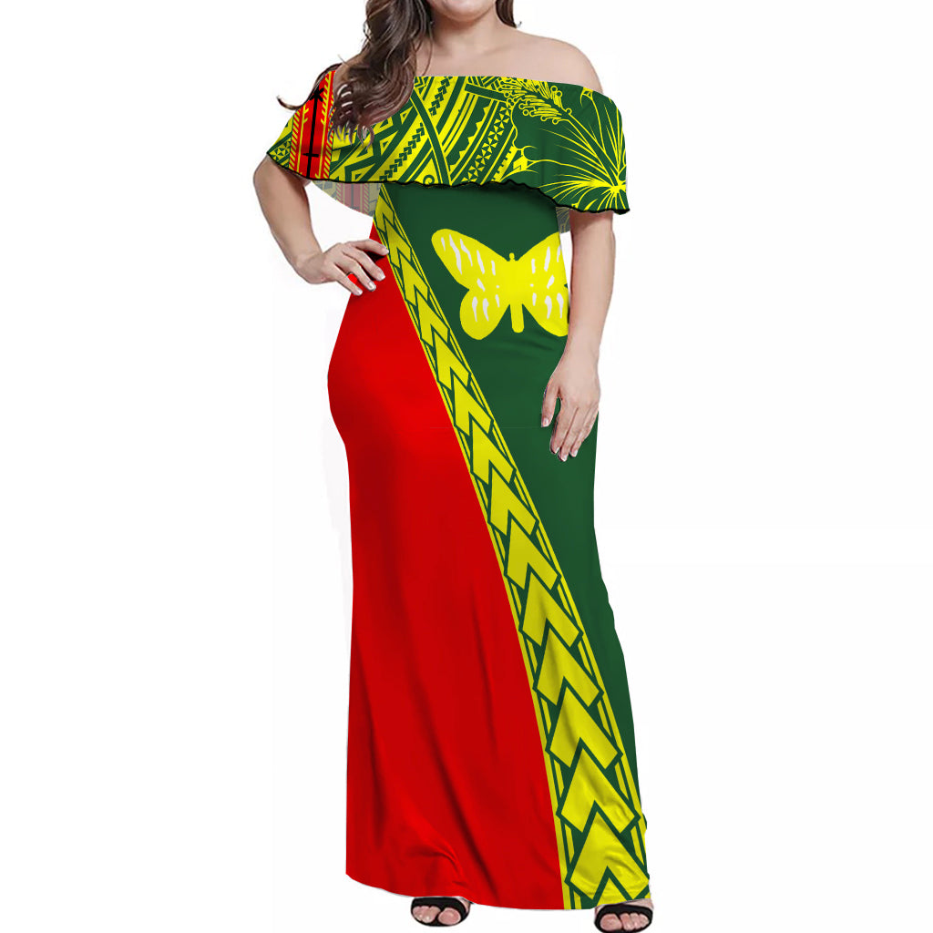 PNG Hibiscus Tribal Pattern Off Shoulder Long Dress - Oro Province LT7 Long Dress Green - Polynesian Pride