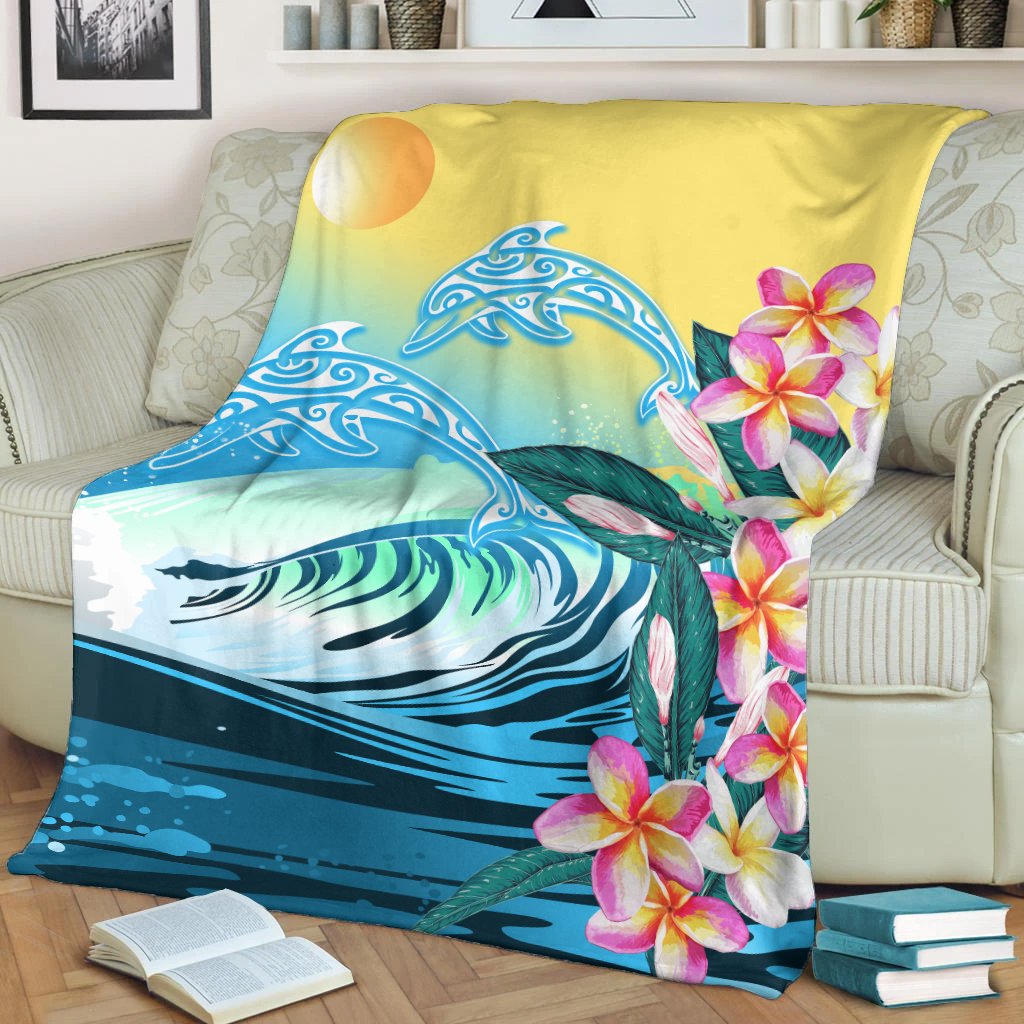 Hawaii Dolphin Plumeria Surfing Polynesian Premium Blanket - Muriel Style - AH White - Polynesian Pride