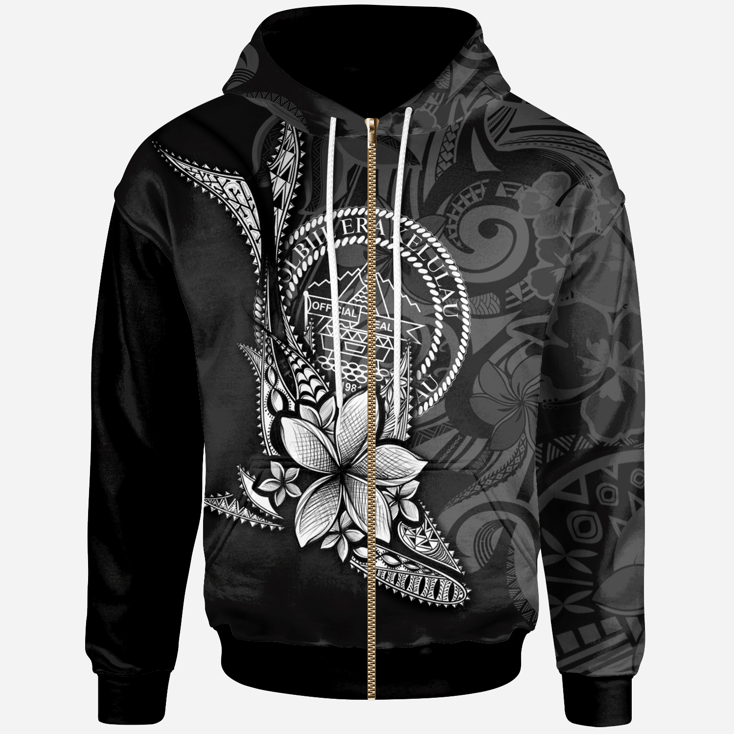 Palau Zip Hoodie Fish With Plumeria Flowers Style Unisex Black - Polynesian Pride