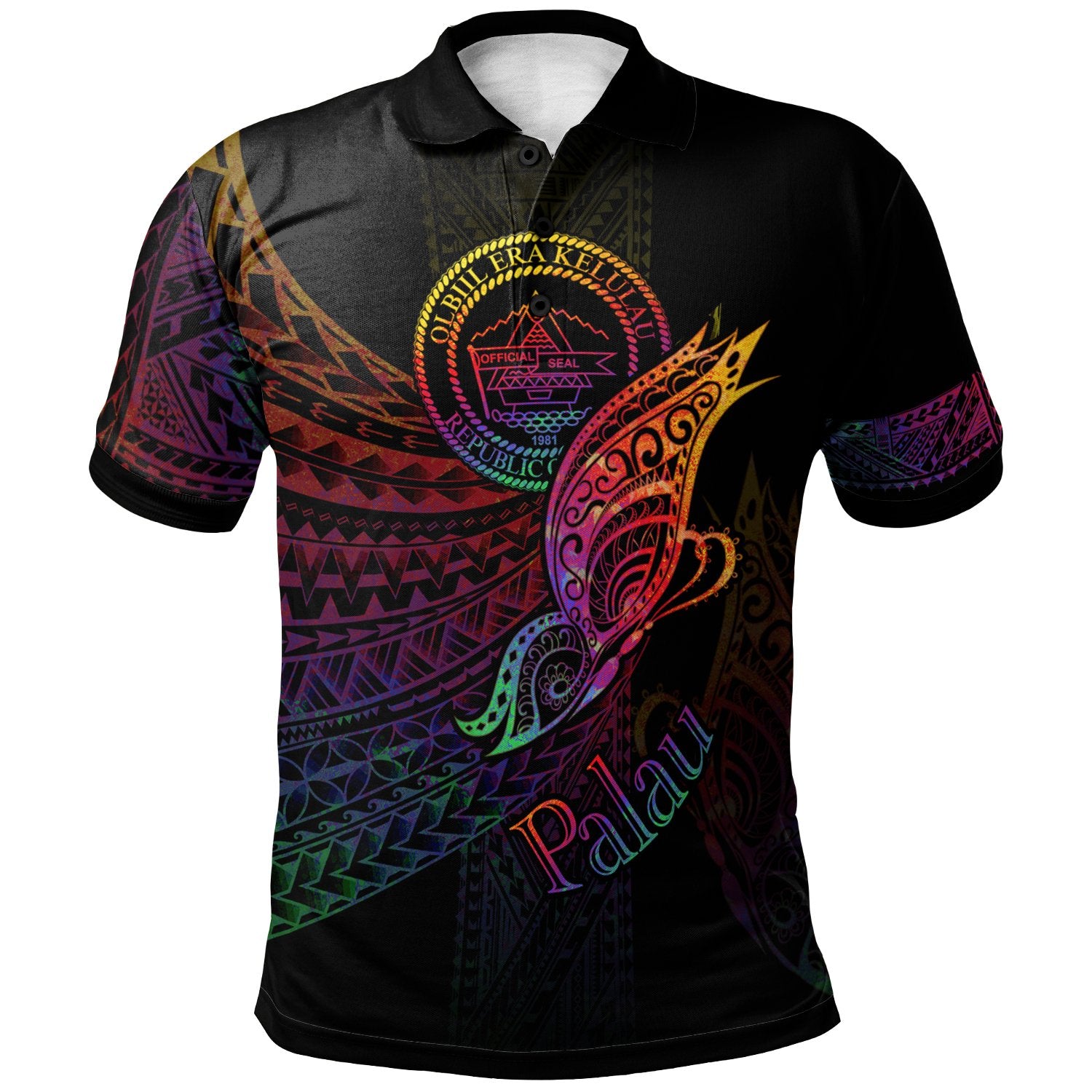 Palau Polo Shirt Butterfly Polynesian Style Unisex Black - Polynesian Pride