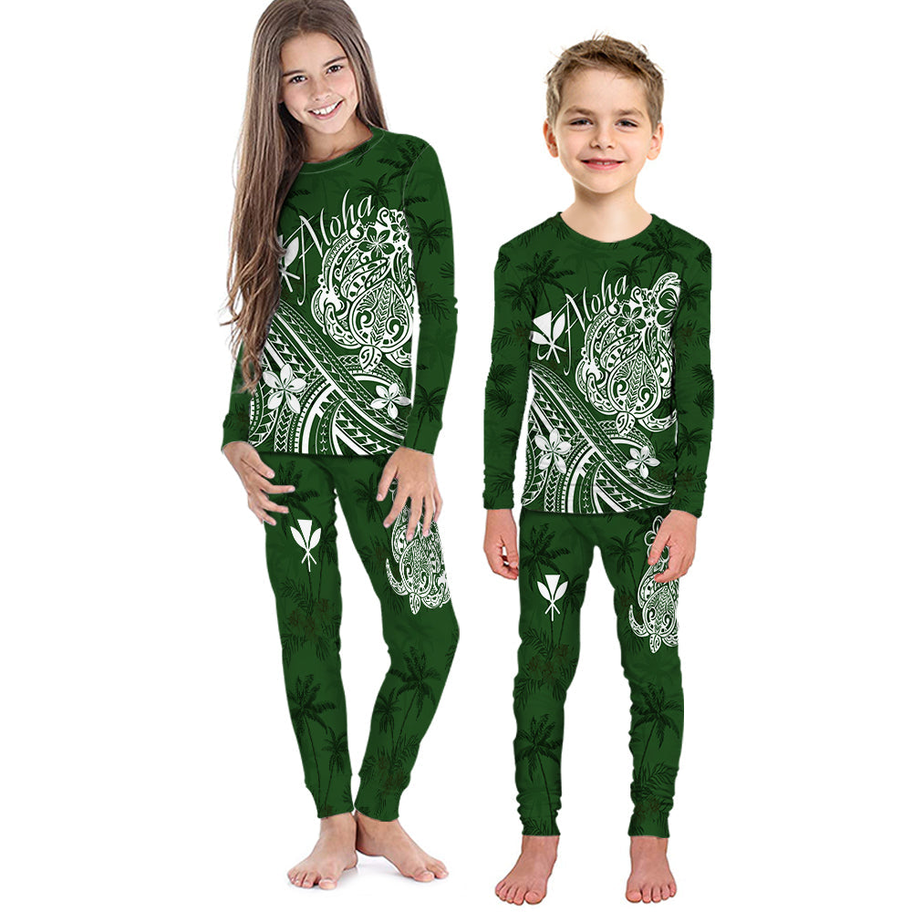 Hawaii Aloha Pajama Set KID Palm Trees Mix Turtle - Green LT7 Kid Green - Polynesian Pride