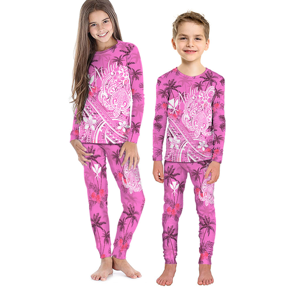 Hawaii Aloha Pajama Set KID Palm Trees Mix Turtle - Pink LT7 Kid Pink - Polynesian Pride