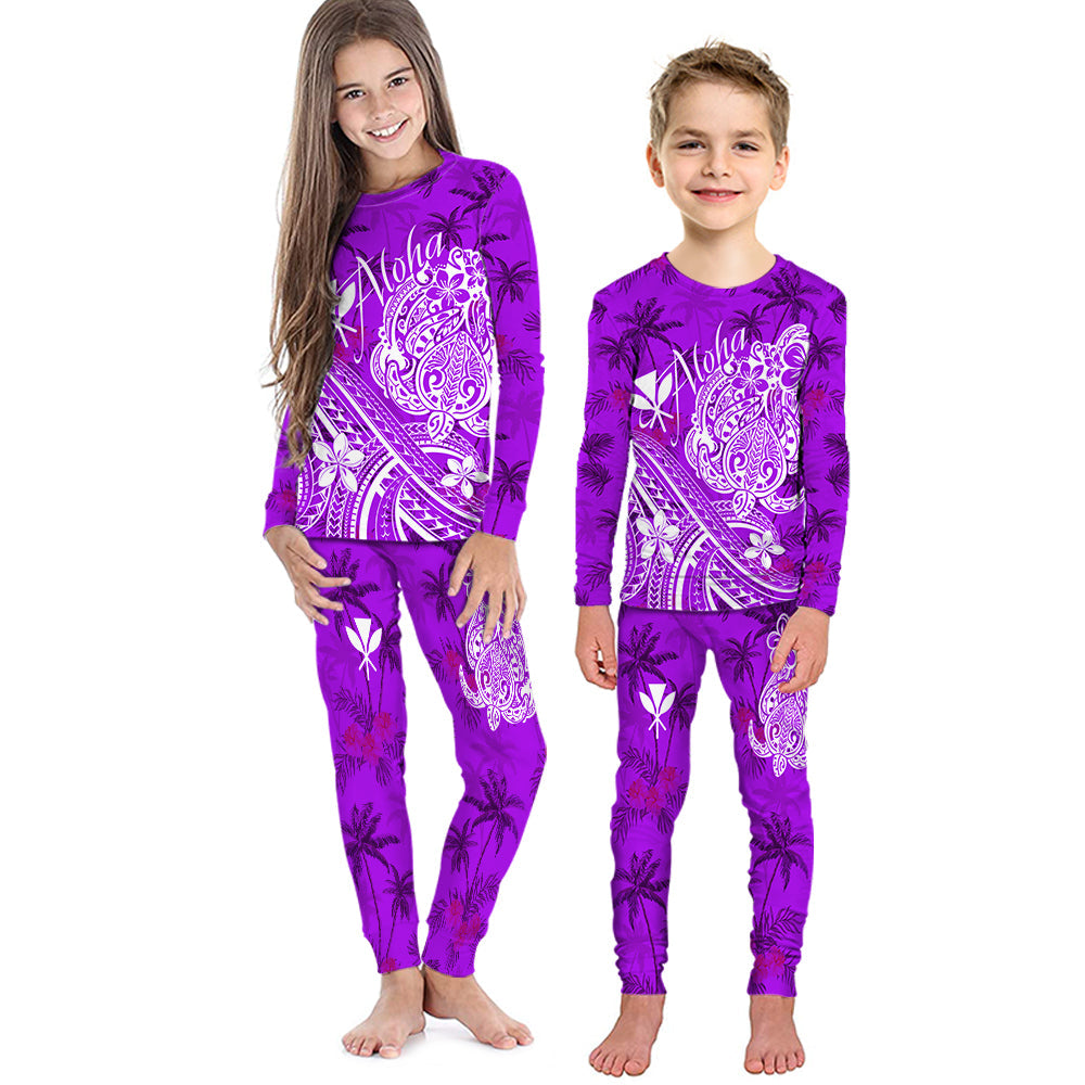 Hawaii Aloha Pajama Set KID Palm Trees Mix Turtle - Purple LT7 Kid Purple - Polynesian Pride