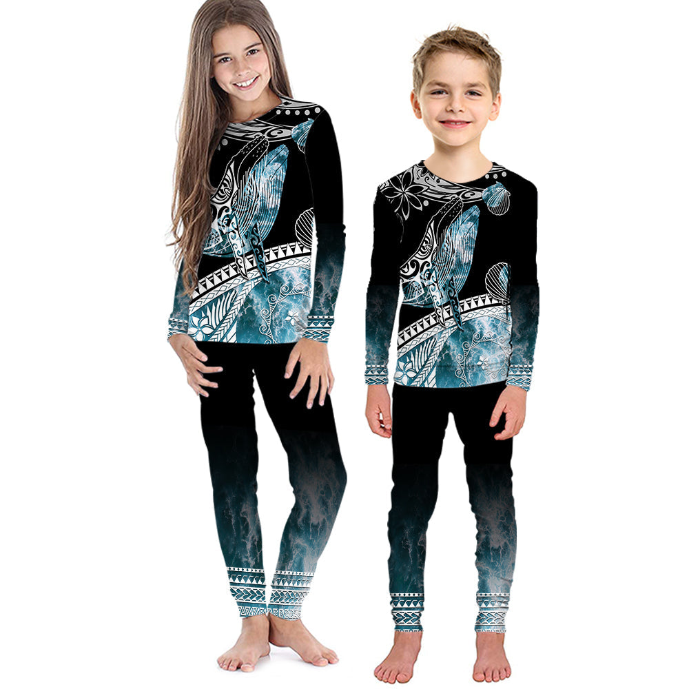 Polynesian Pajama Set KID Ocean Waves Style - Whale LT7 Black - Polynesian Pride