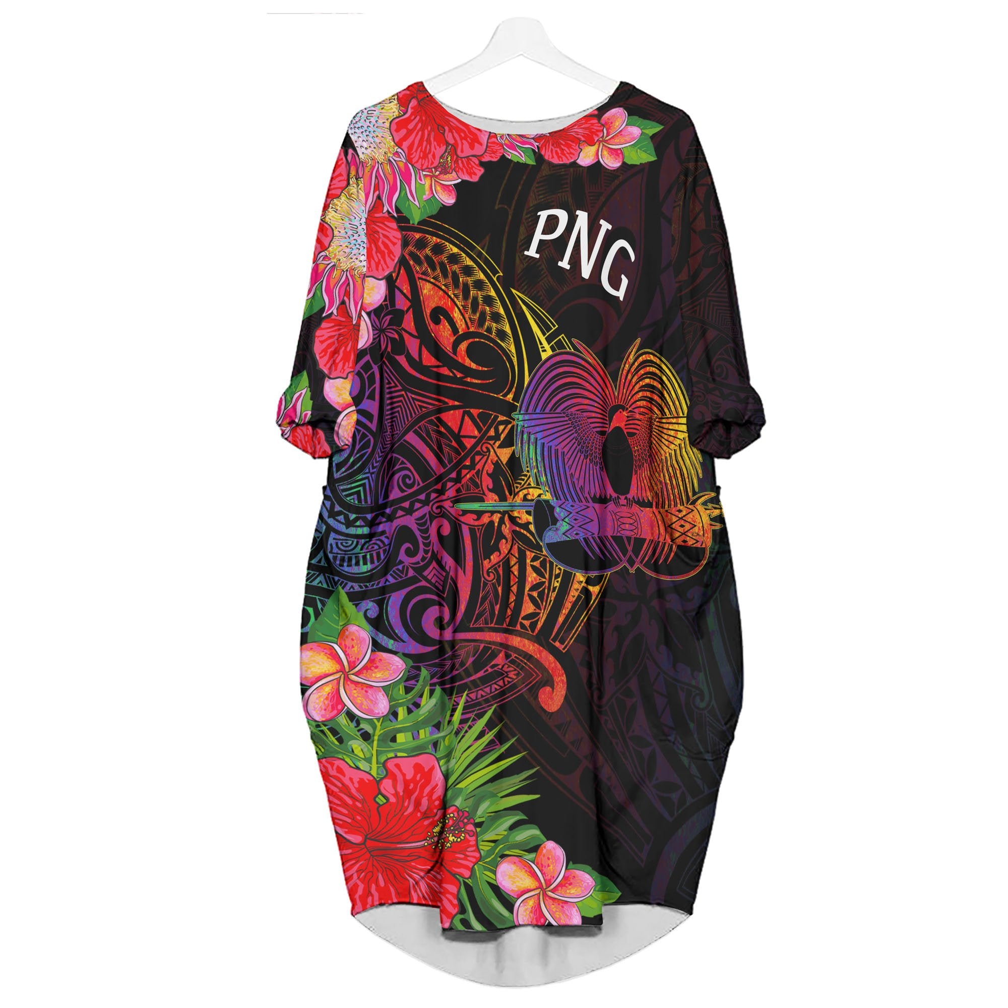 Papua New Guinea Batwing Pocket Dress - Tropical Hippie Style Women Black - Polynesian Pride