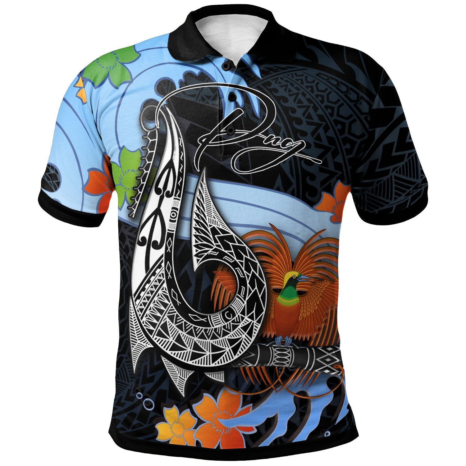 Papua New Guinea Polo Shirt Fish Hooks and Wave Unisex Black - Polynesian Pride