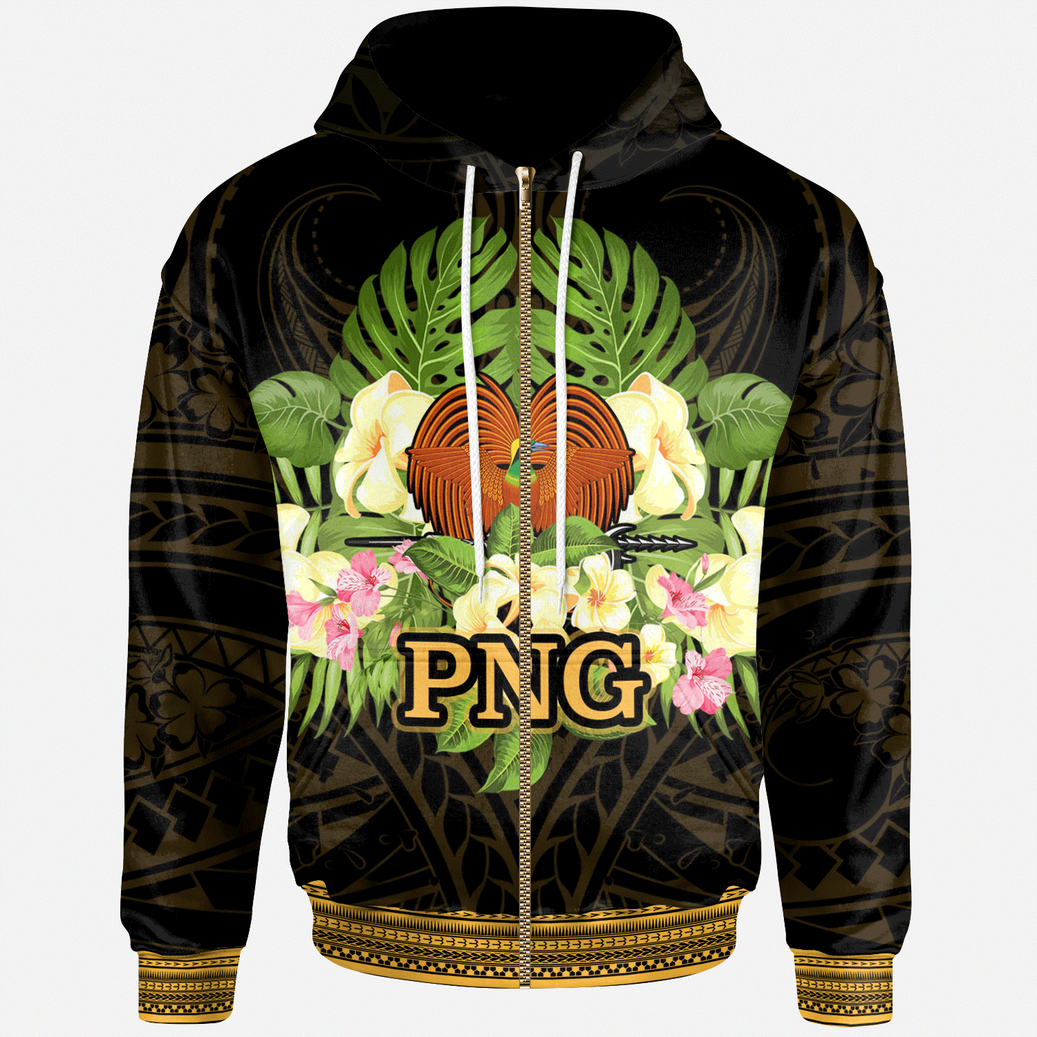 Papua New Guinea Zip Hoodie Polynesian Gold Patterns Collection Unisex Black - Polynesian Pride