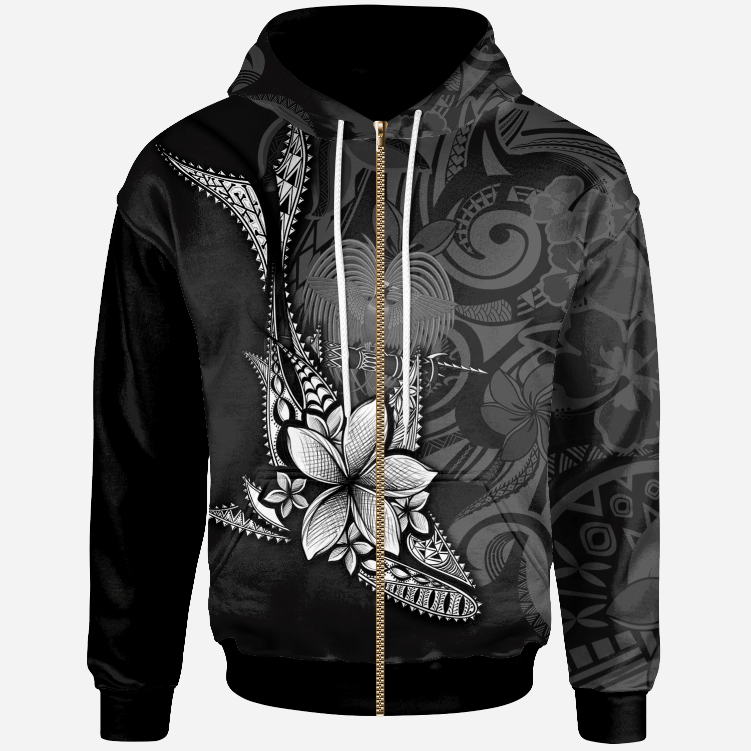 Papua New Guinea Custom Zip Hoodie Fish With Plumeria Flowers Style Unisex Black - Polynesian Pride