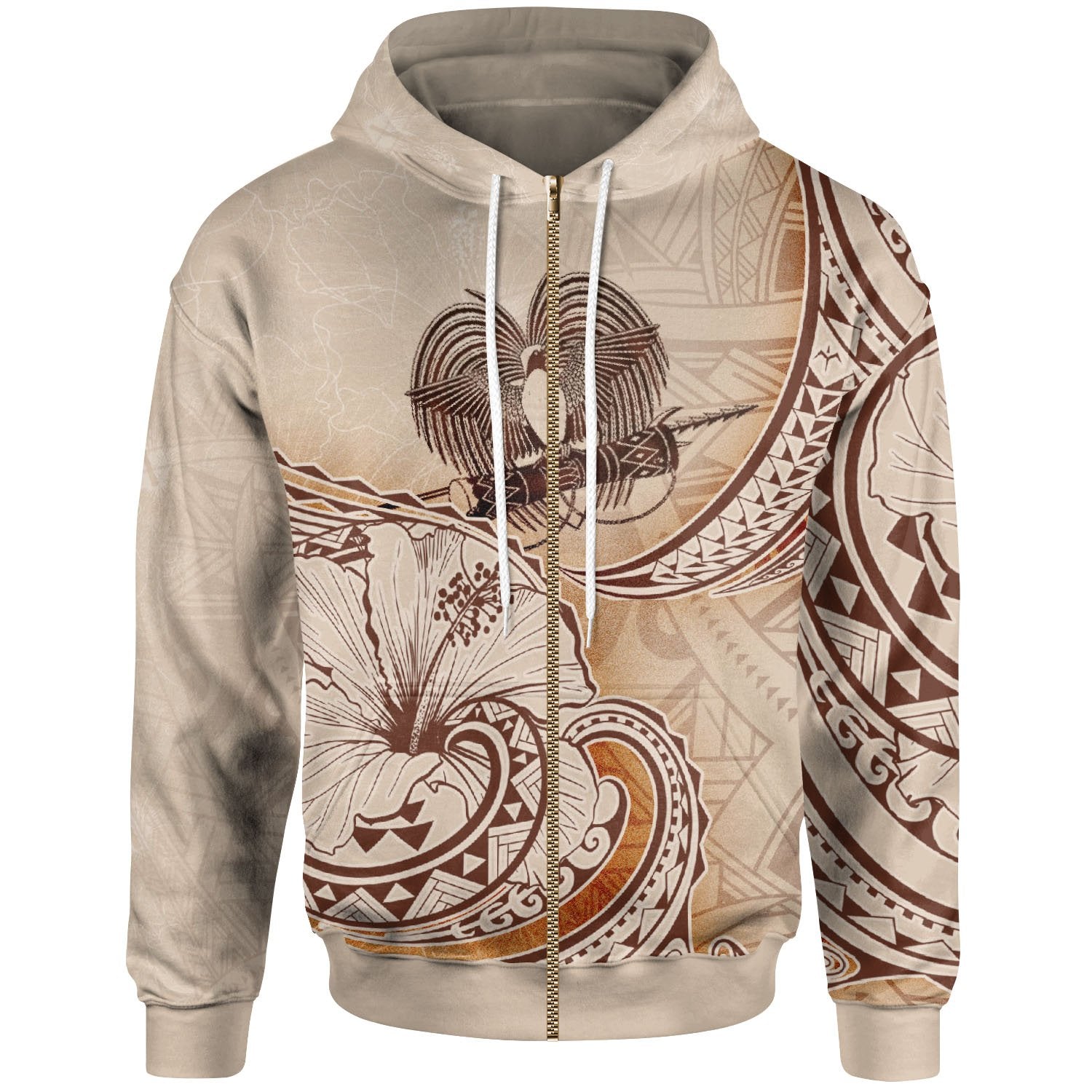 Papua New Guinea Zip Hoodie Hibiscus Flowers Vintage Style Unisex Nude - Polynesian Pride