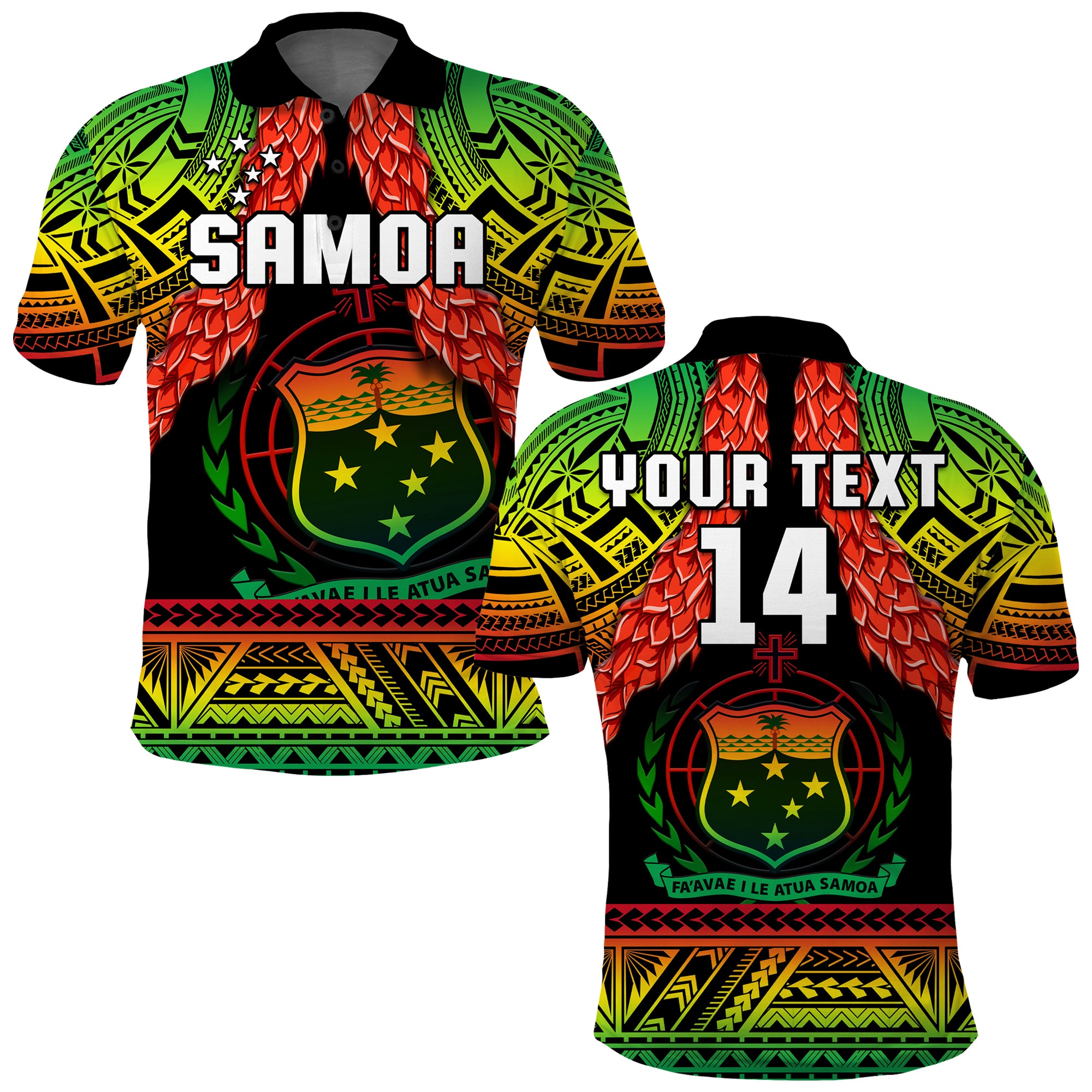 (Custom Text and Number) Samoa Rugby Polo Shirt Teuila Torch Ginger Gradient Style LT14 Adult Black - Polynesian Pride