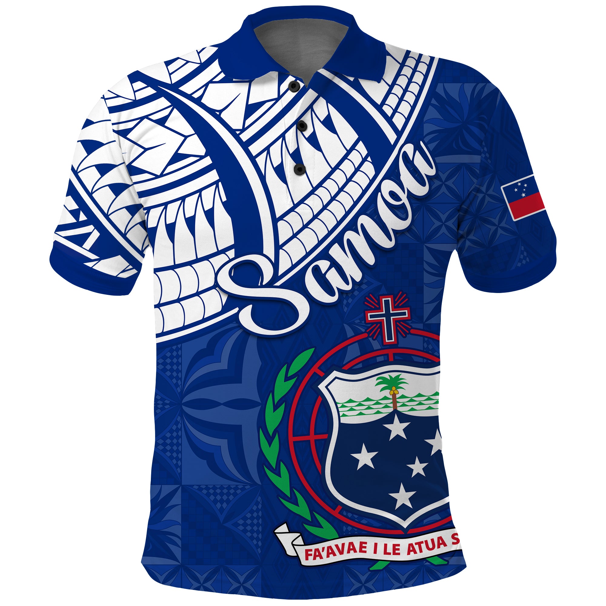 Samoa Siapo Polo Shirt Sporty Mix Barkcloth Panel LT13 Adult Blue - Polynesian Pride