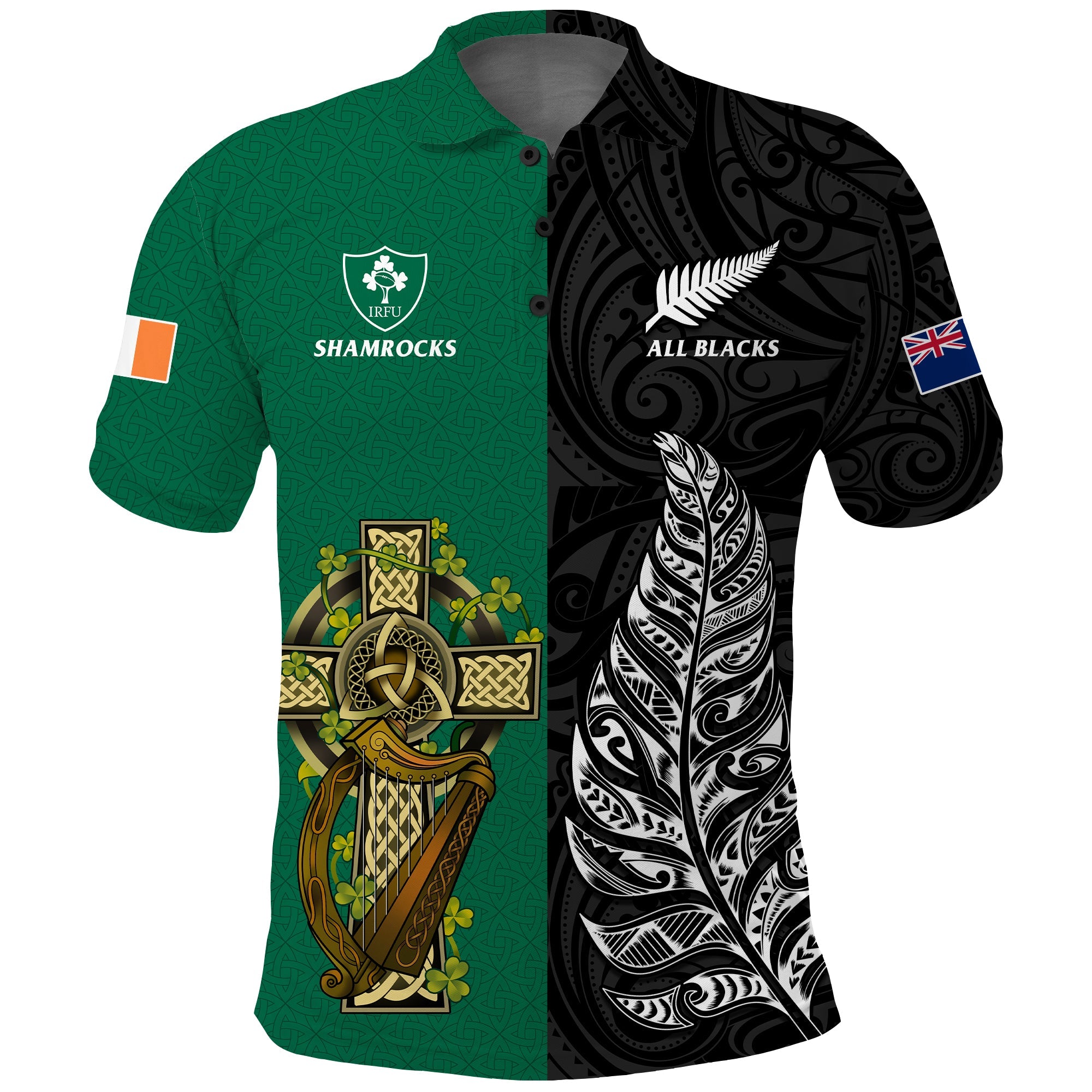 Ireland Shamrock and New Zealand Fern Polo Shirt Rugby Go Shamrock vs All Black NO.1 RLT13 Art - Polynesian Pride