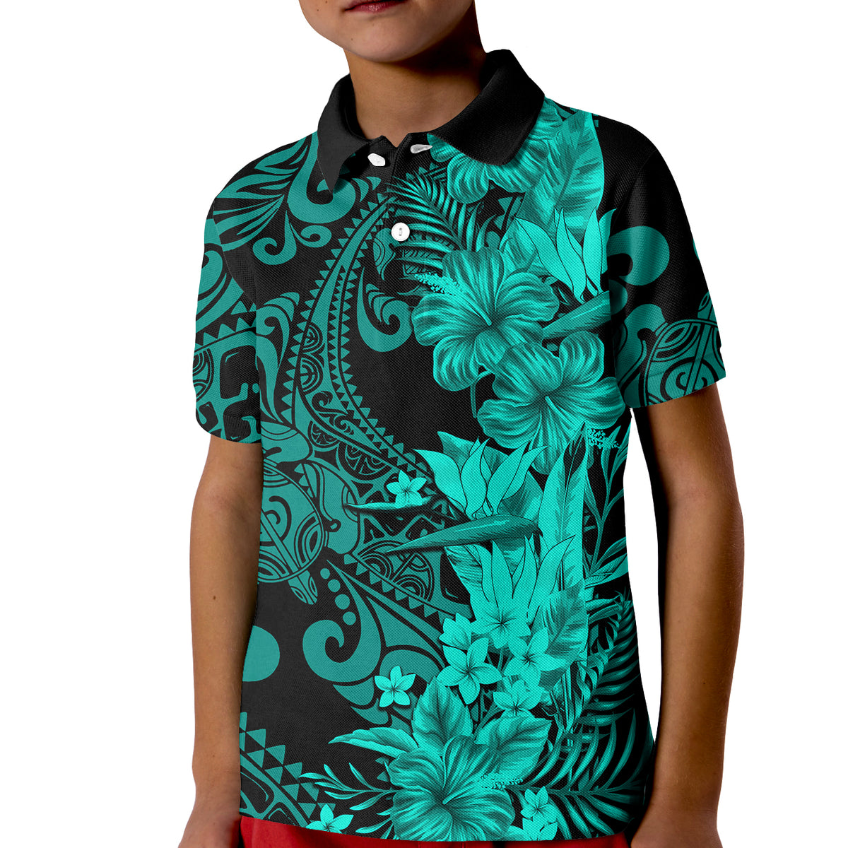 Hawaii Flowers Mix Tribal Pattern Polo Shirt KID LT6 Kid Turquoise - Polynesian Pride