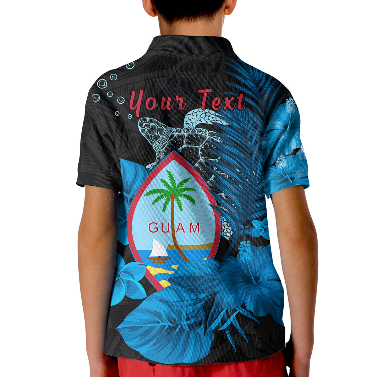(Custom Personalised) Guam Seal Polo Shirt KID Polynesian Turtle with Flowers Version Blue LT13 - Polynesian Pride