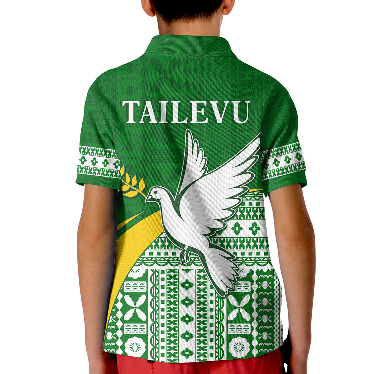 Tailevu Rugby Polo Shirt KID Fiji Rugby Tapa Pattern Green LT13 - Polynesian Pride