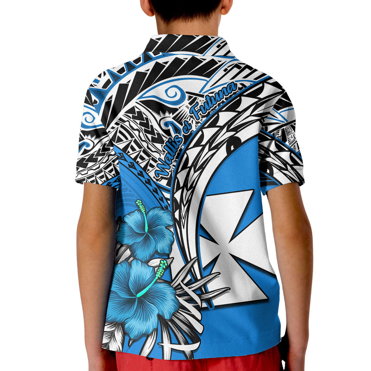 Wallis et Futuna Polo Shirt KID Polynesian Pattern and Hibiscus Flowers Version Blue LT13 - Polynesian Pride
