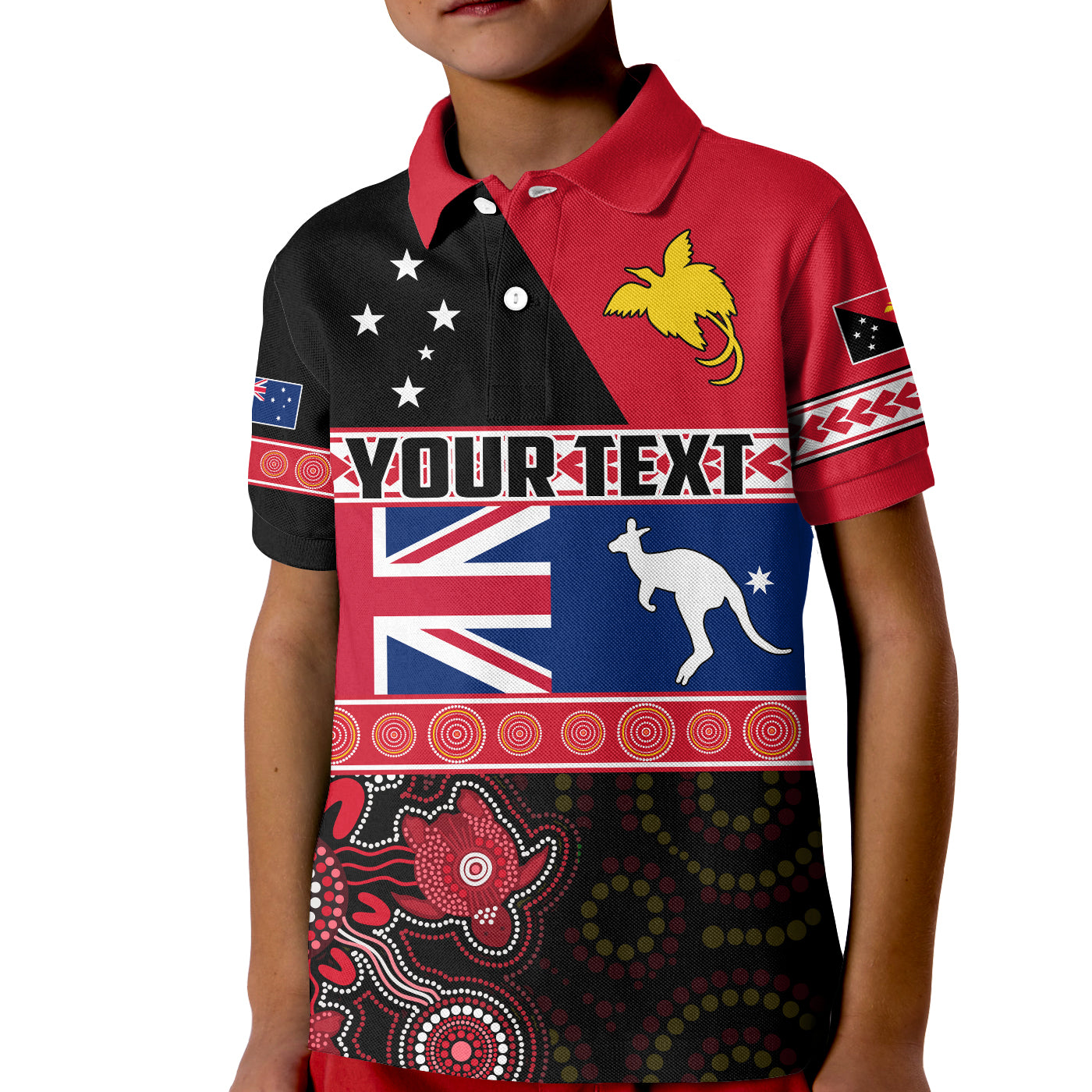 (Custom Personalised) Papua New Guinea and Australia Polo Shirt KID Aboriginal PNG and AUS LT13 Unisex Black - Polynesian Pride