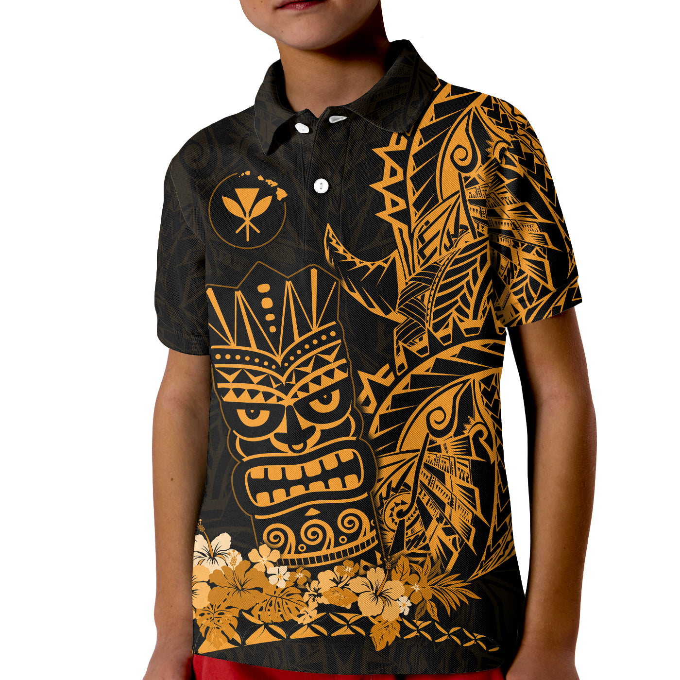 Hawaii Polynesian Polo Shirt KID Gold Tiki Masks Hawaiian LT13 Unisex Gold - Polynesian Pride