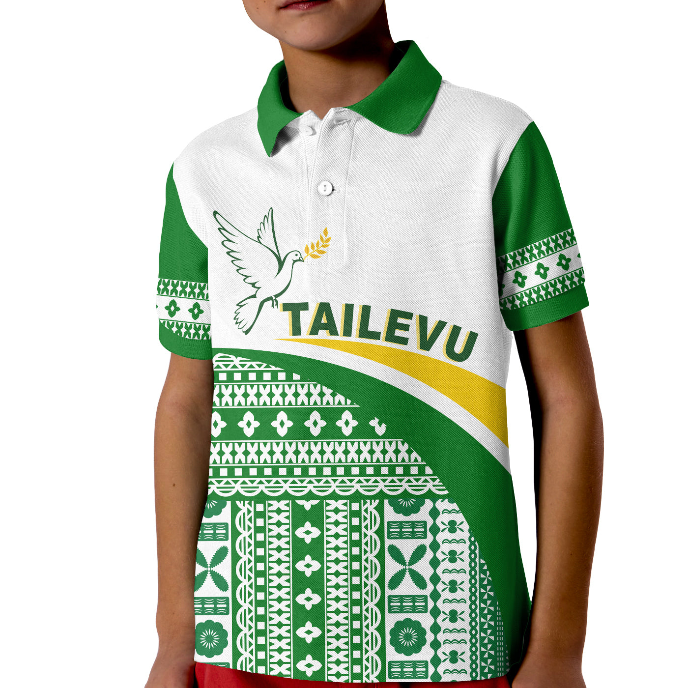 Tailevu Rugby Polo Shirt KID Fiji Rugby Tapa Pattern White LT13 Unisex White - Polynesian Pride
