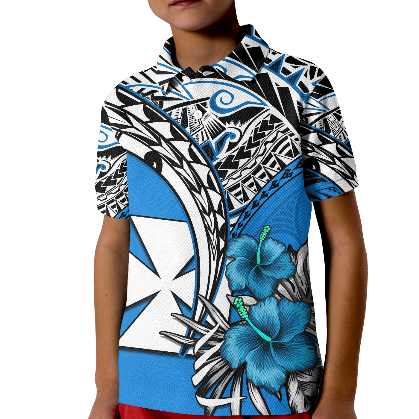 (Custom Personalised) Wallis et Futuna Polo Shirt KID Polynesian Pattern and Hibiscus Flowers Version Blue LT13 Unisex Blue - Polynesian Pride